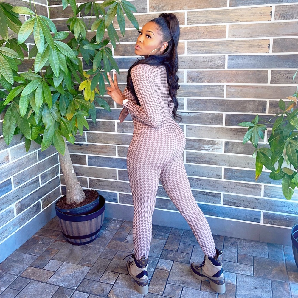 “Crush On You” Pink/ Brown Houndstooth Jumpsuit
